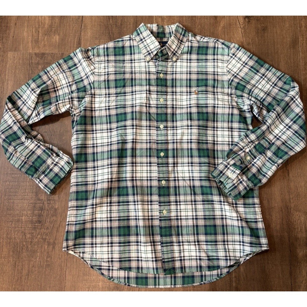 RALPH LAUREN Mens L Button-Down Green Plaid Cotton Shirt Preppy Old Money